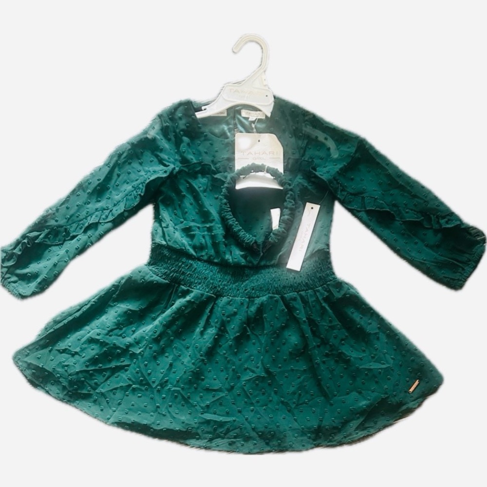🆕 Tahari Girl Sz 4 Emerald Green Clip Dot Chiffon Dress with Matching Hairband